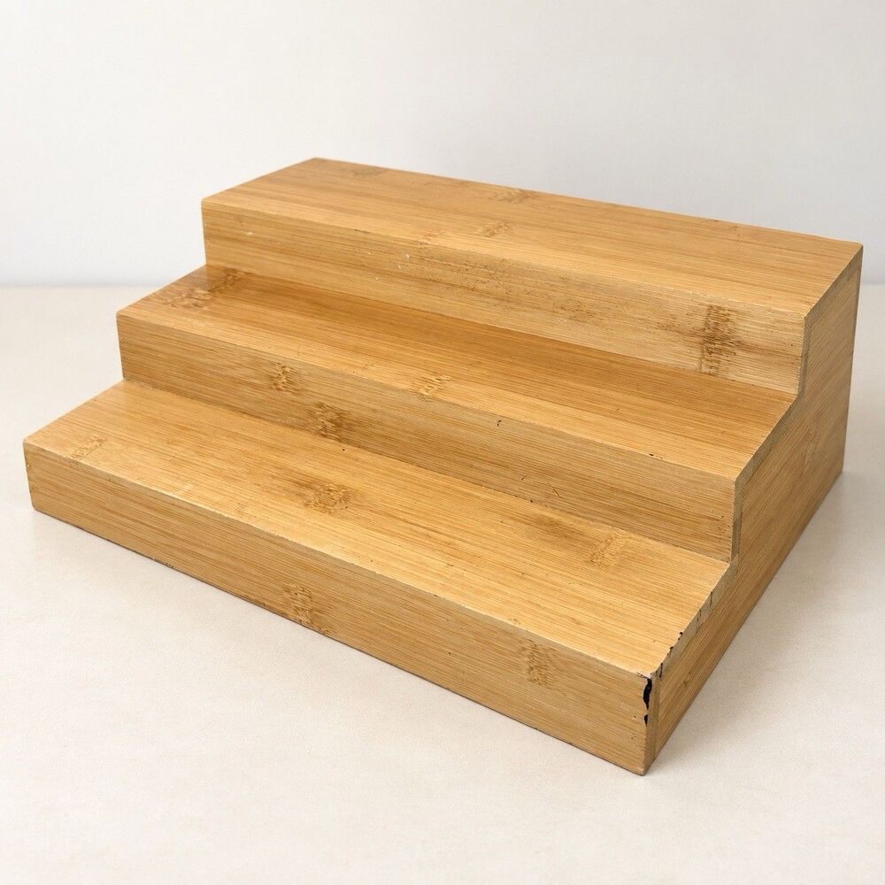 Bamboo 3 Tier Step Display Riser 12 Inch Countertop Organizer Shelf Spices Decor